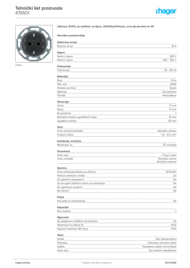Slika Hager Product data sheet 475501  | Hager