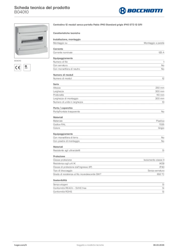 Immagine Bocchiotti Scheda tecnica del prodotto B04010 | Hager Italia