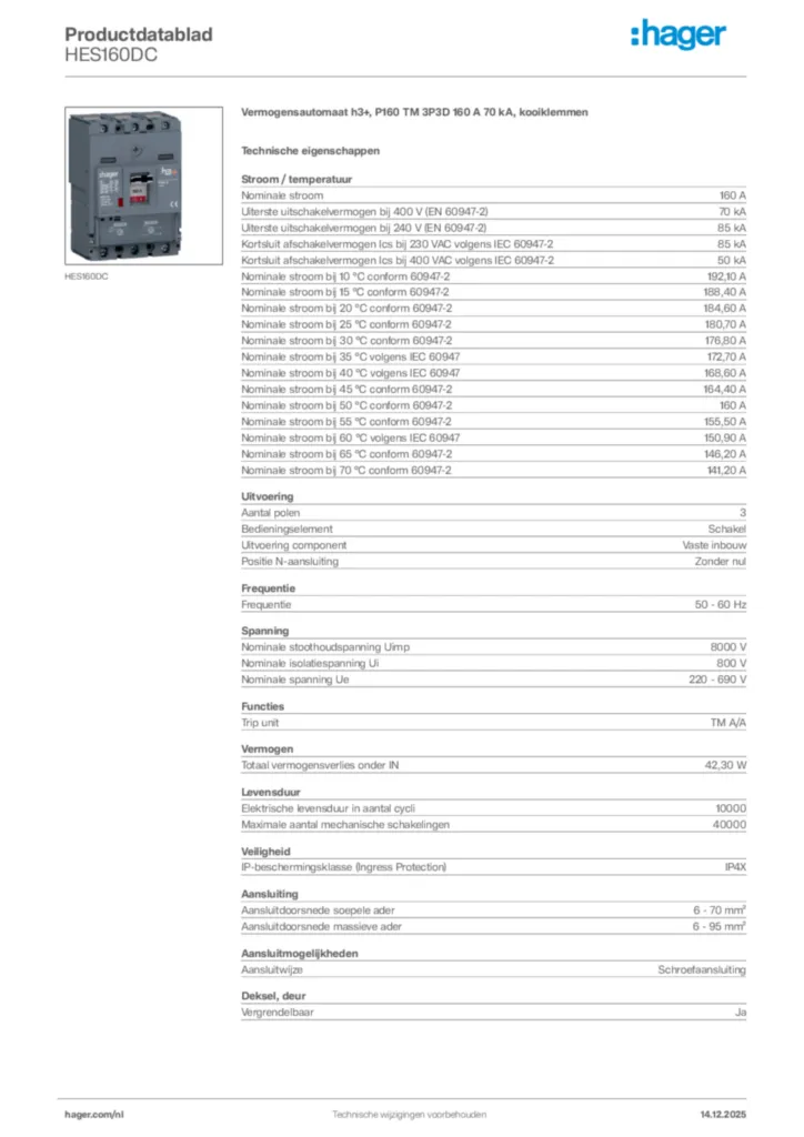 Afbeelding Hager Productdatablad HES160DC | Hager Nederland