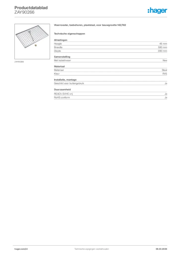 Afbeelding Hager Productdatablad ZAY90266 | Hager Nederland