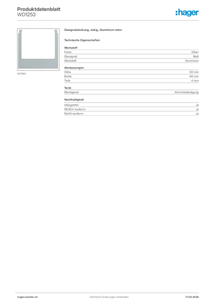 Bild Hager Produktdatenblatt WD1253 | Hager Schweiz