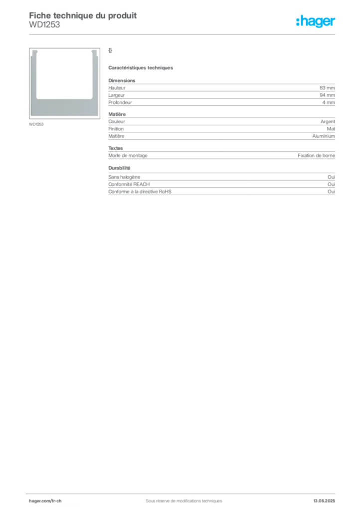 Image Hager Fiche technique du produit WD1253 | Hager Suisse