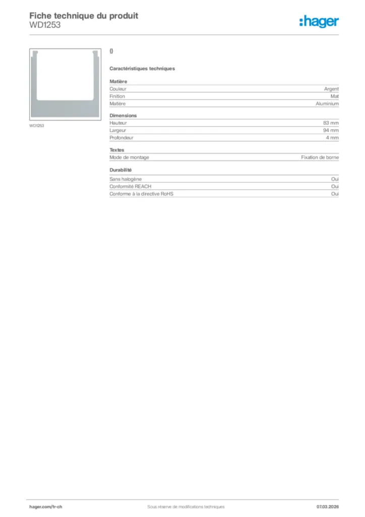 Image Hager Fiche technique du produit WD1253 | Hager Suisse