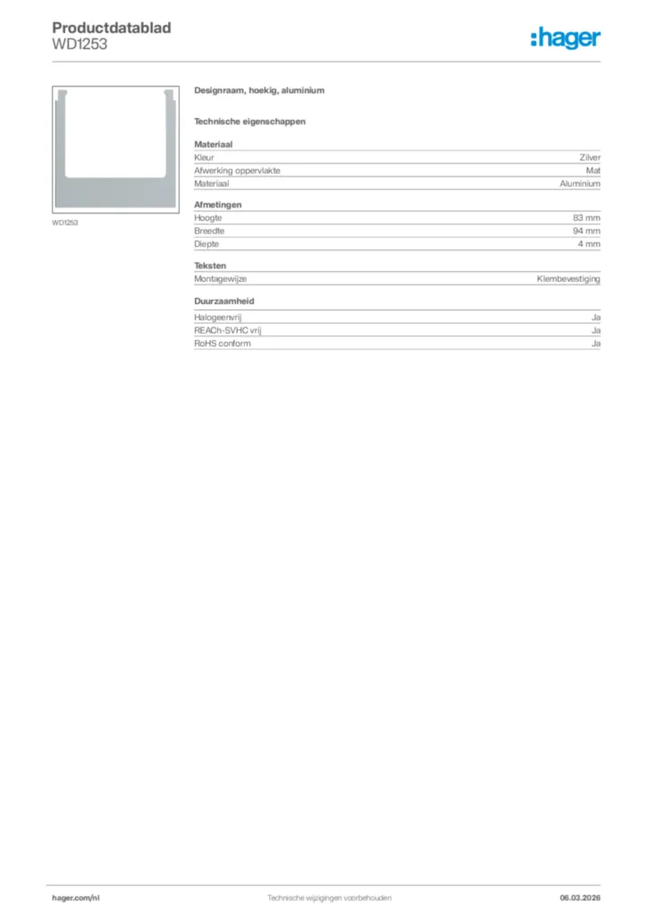 Afbeelding Hager Productdatablad WD1253 | Hager Nederland