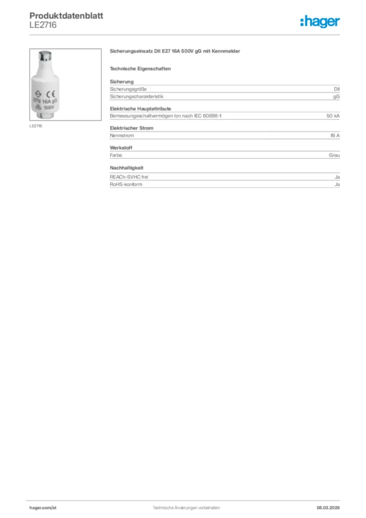 Bild Hager Produktdatenblatt LE2716 | Hager Deutschland
