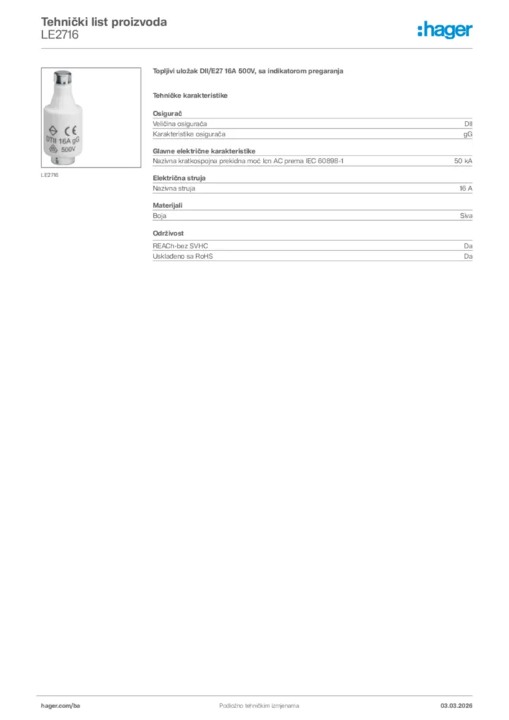 Slika Hager Tehnički list proizvoda LE2716  | Hager