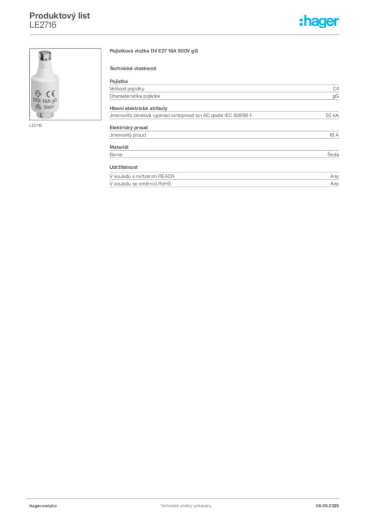 Obrázek Hager Produktový list LE2716 | Hager