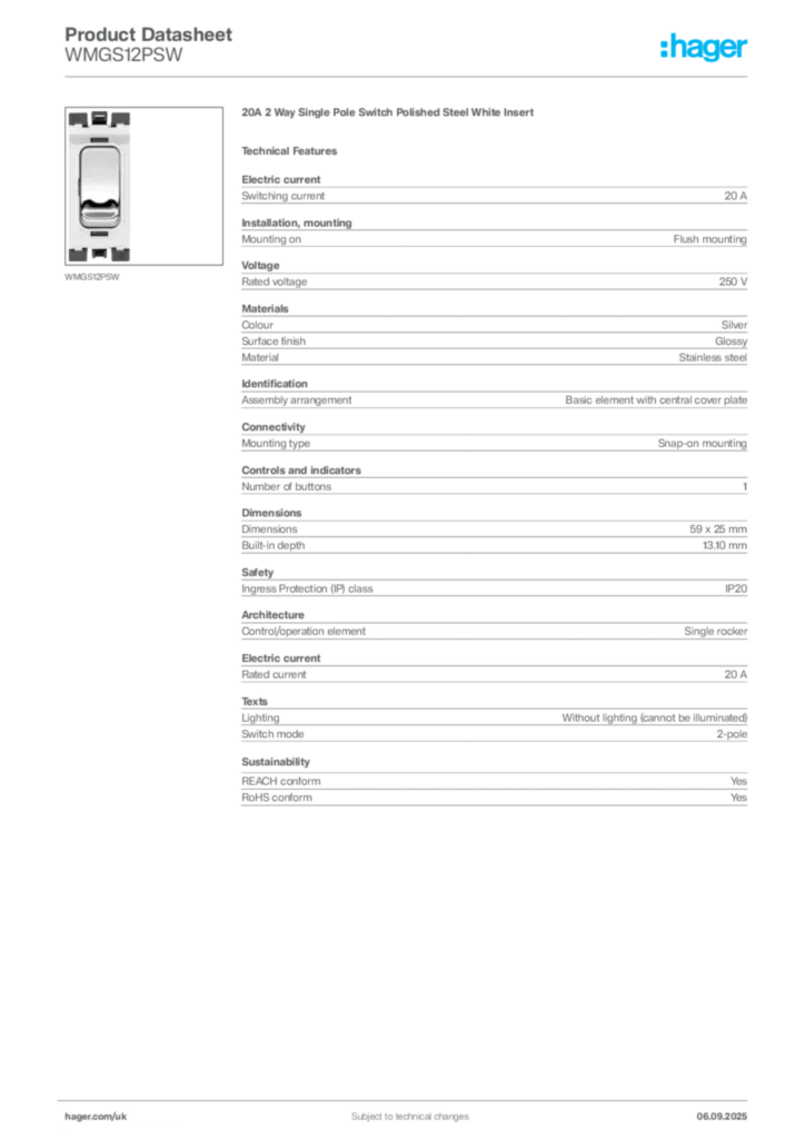 Image Hager Product data sheet WMGS12PSW  | Hager