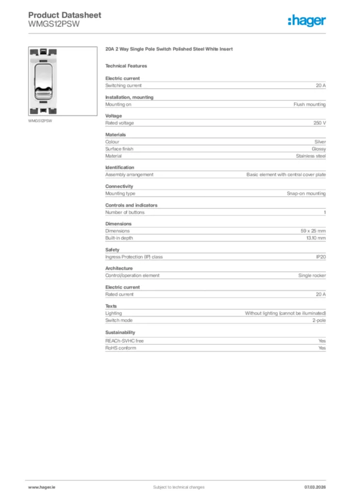 Image Hager Product data sheet WMGS12PSW  | Hager