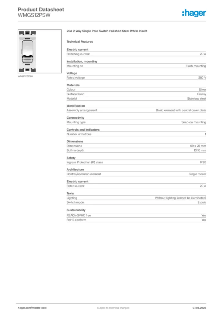 Image Hager Product data sheet WMGS12PSW  | Hager