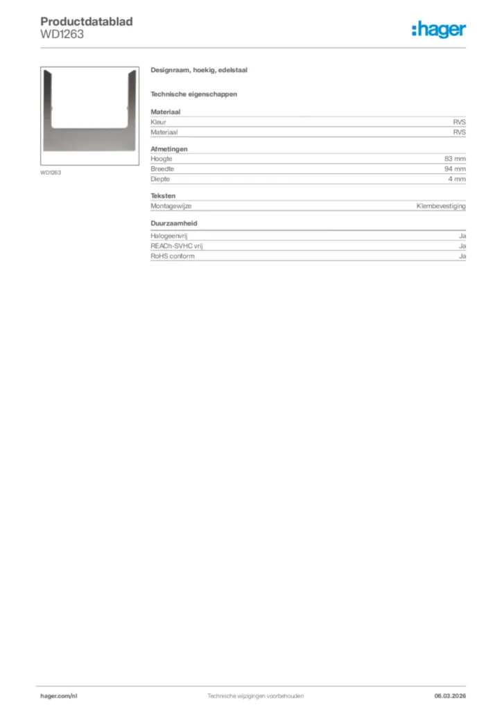 Afbeelding Hager Productdatablad WD1263 | Hager Nederland