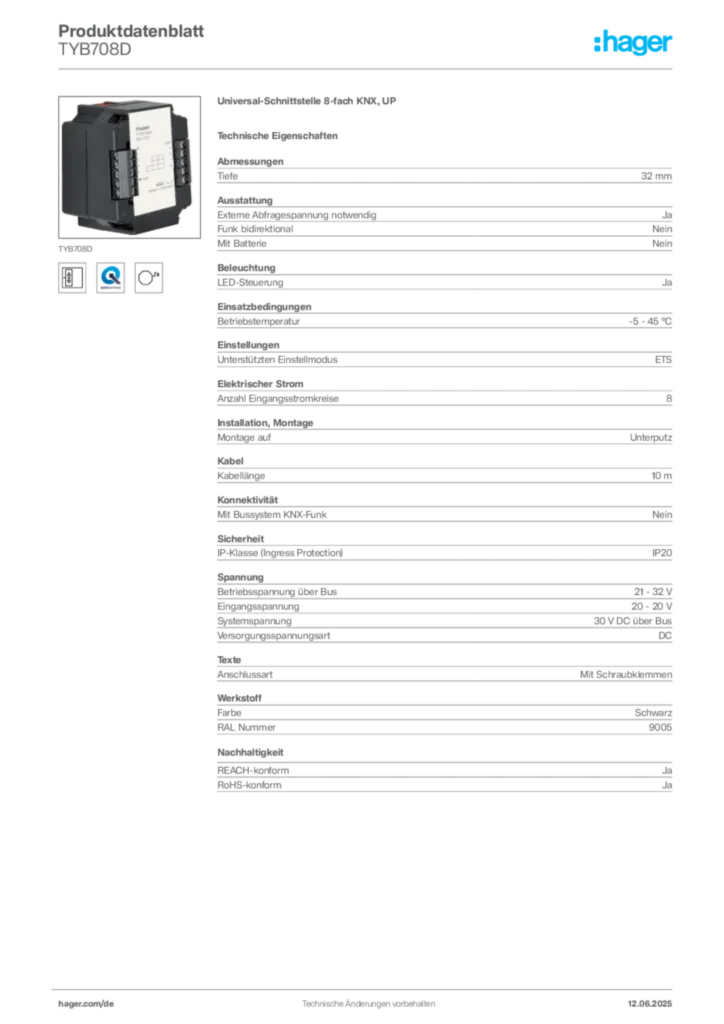 Hager Produktdatenblatt TYB708D