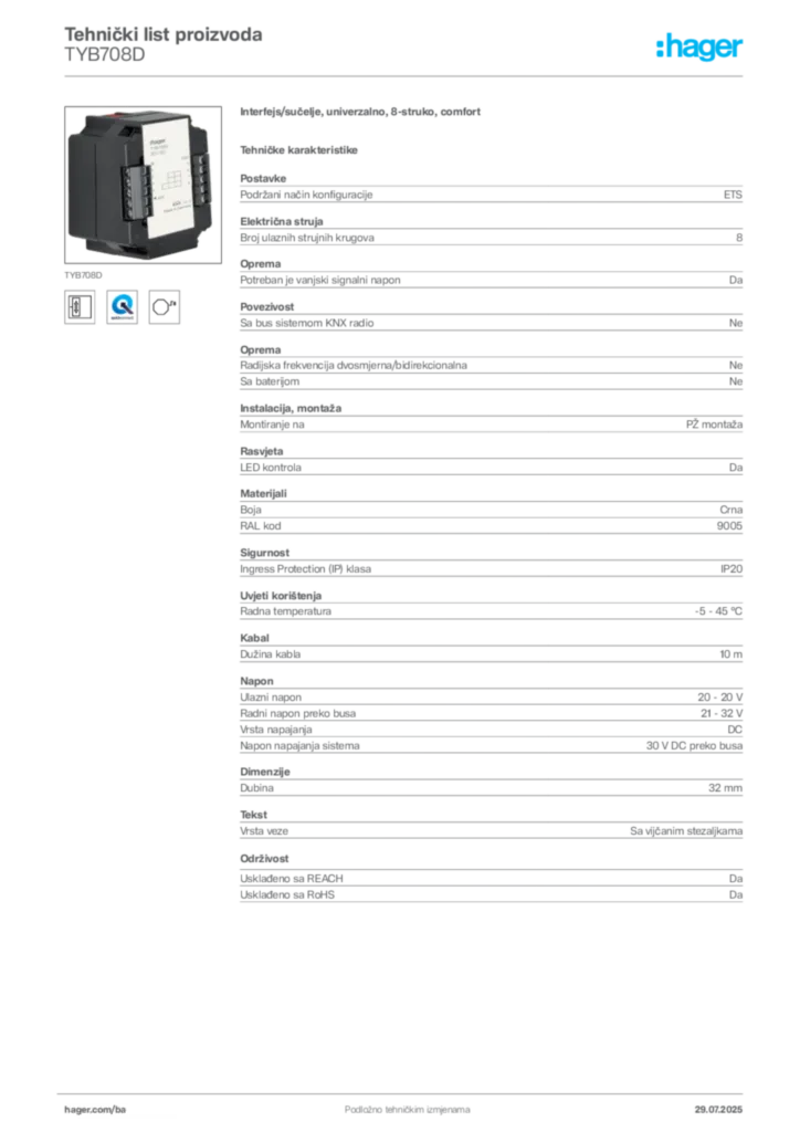 Slika Hager Product data sheet TYB708D  | Hager