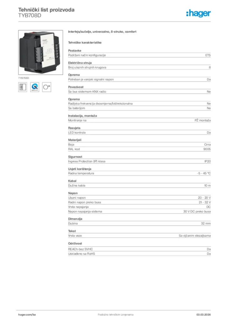 Slika Hager Tehnički list proizvoda TYB708D  | Hager
