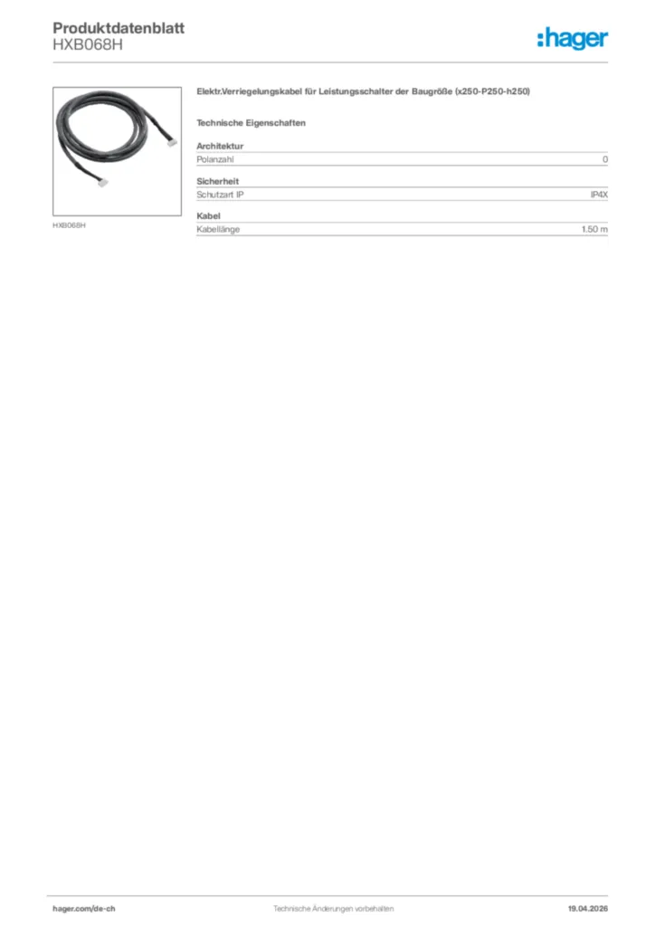 Bild Hager Produktdatenblatt HXB068H | Hager Schweiz