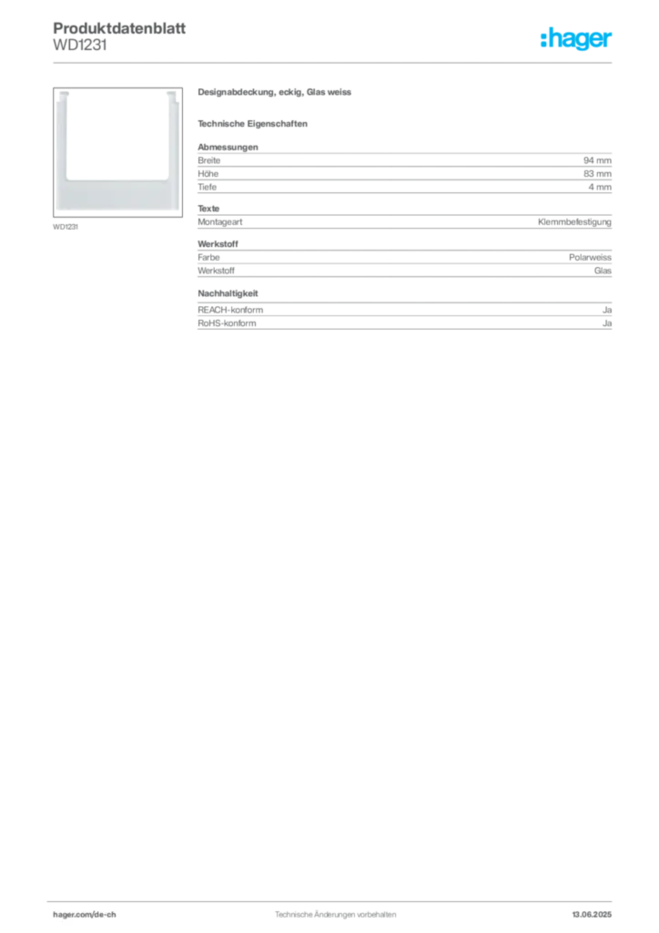 Bild Hager Produktdatenblatt WD1231 | Hager Schweiz