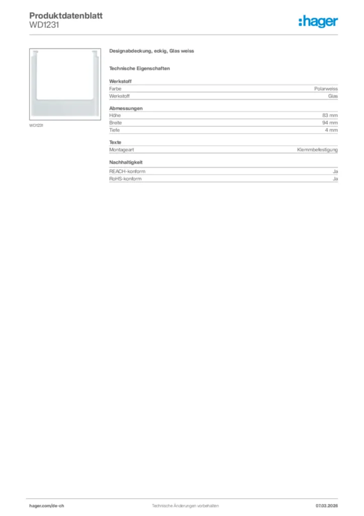 Bild Hager Produktdatenblatt WD1231 | Hager Schweiz