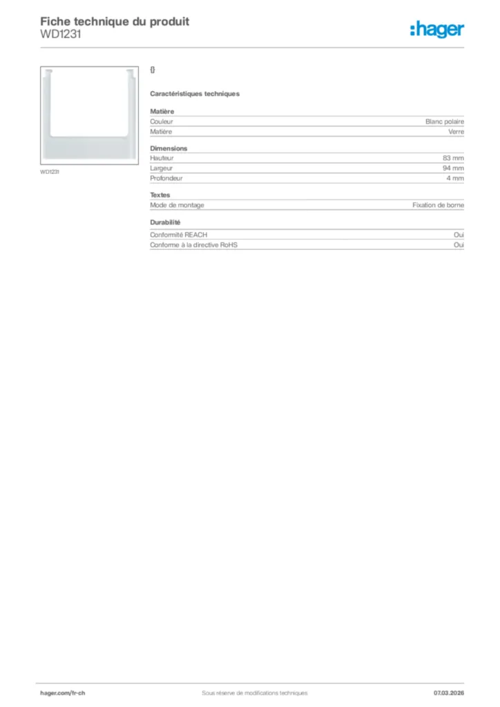 Image Hager Fiche technique du produit WD1231 | Hager Suisse