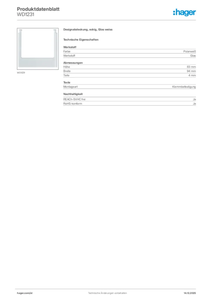Bild Hager Produktdatenblatt WD1231 | Hager Deutschland