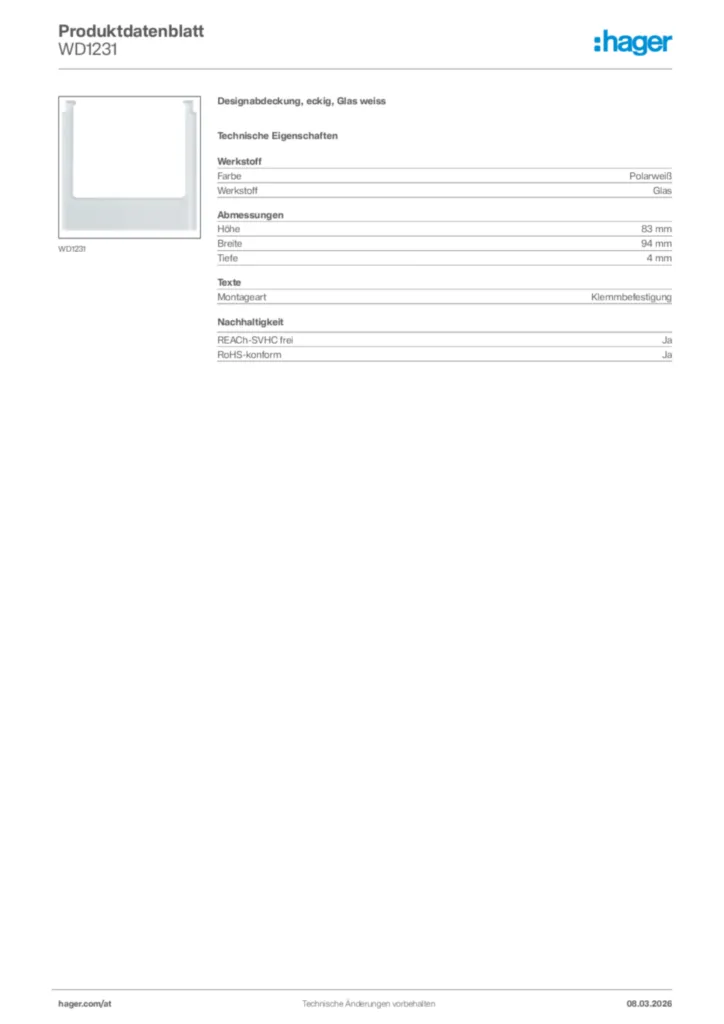 Bild Hager Produktdatenblatt WD1231 | Hager Deutschland