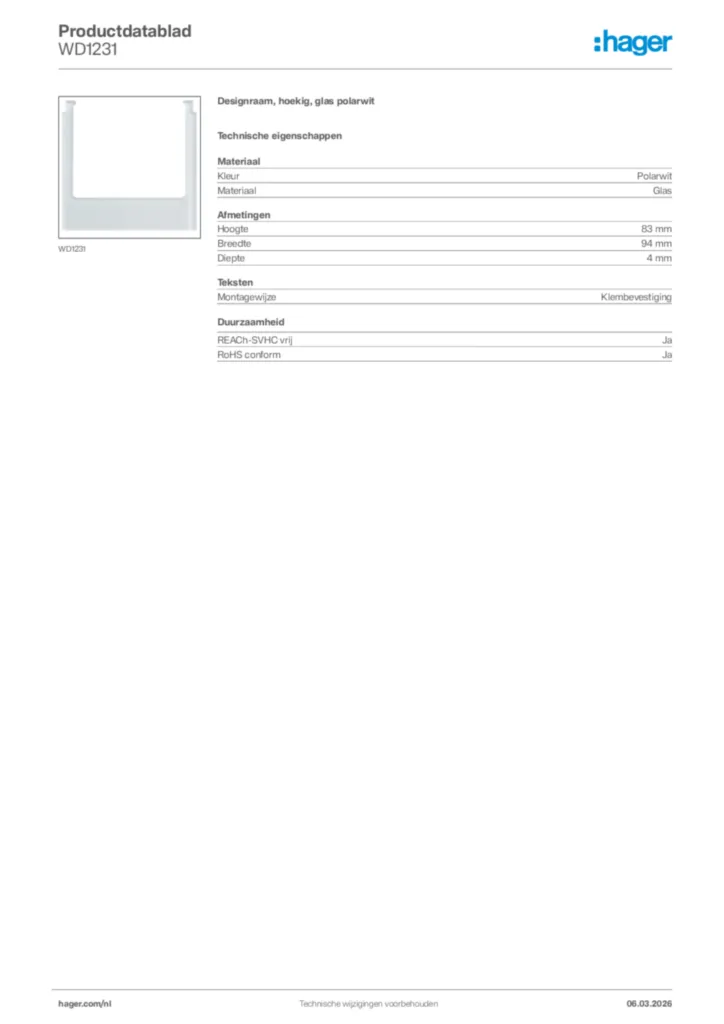 Afbeelding Hager Productdatablad WD1231 | Hager Nederland