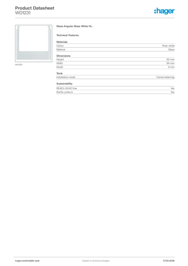 Image Hager Product data sheet WD1231  | Hager