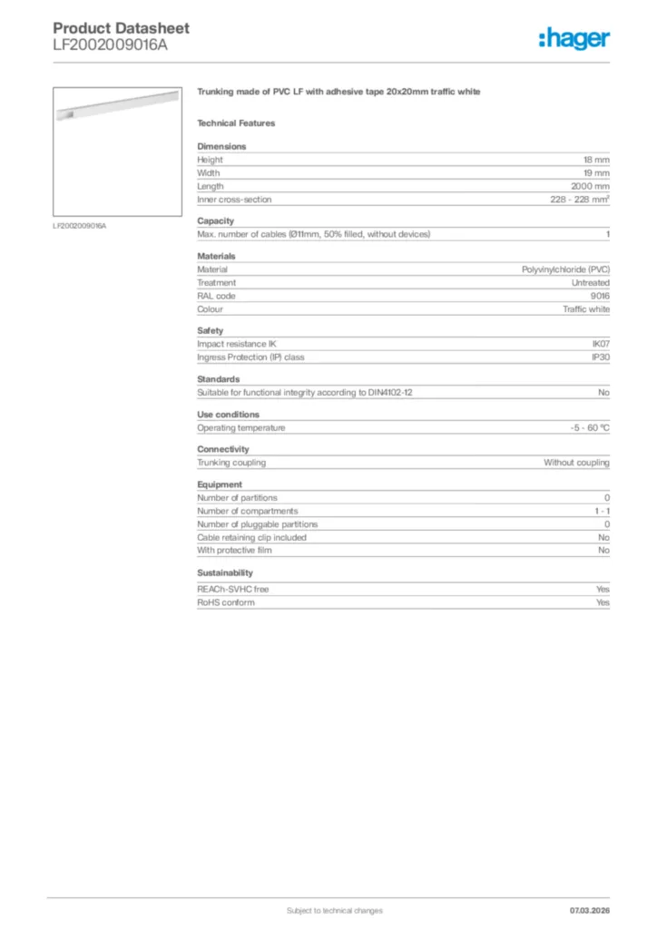 Image Hager Product data sheet LF2002009016A  | Hager Africa