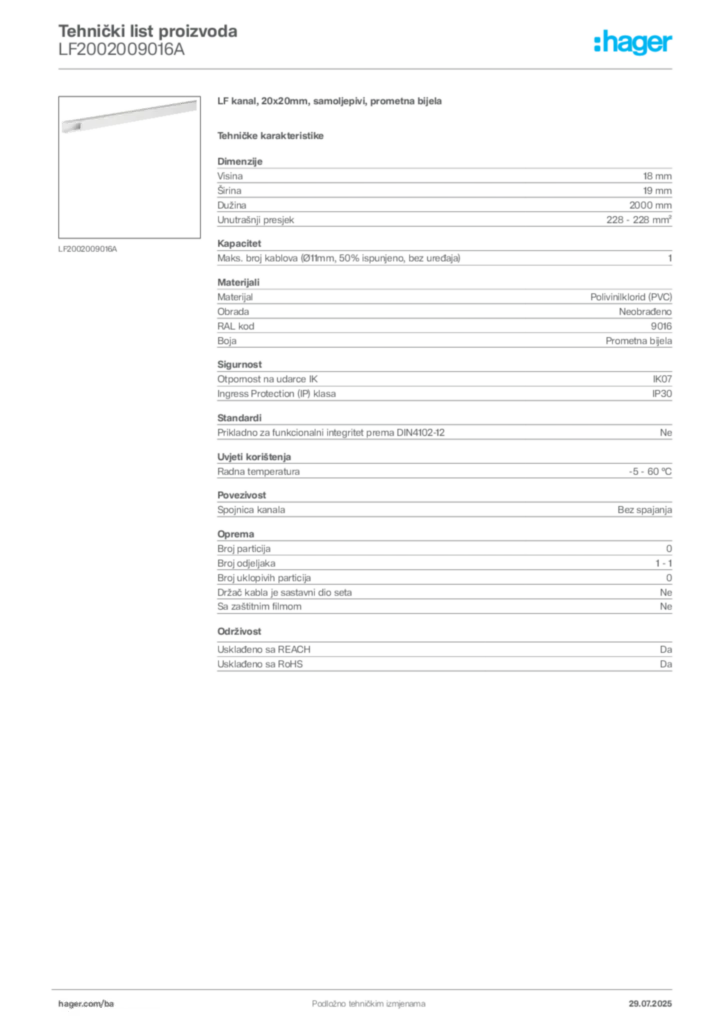 Slika Hager Product data sheet LF2002009016A  | Hager