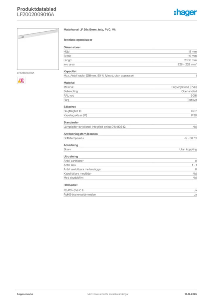 Bild Hager Produktdatablad LF2002009016A | Hager Sverige