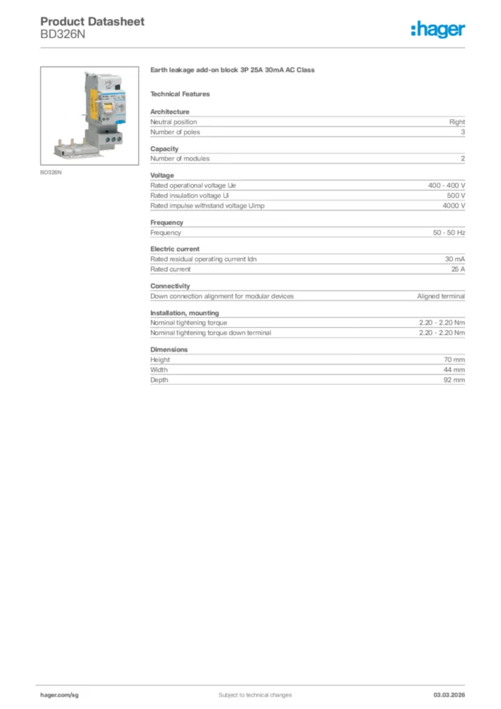 Image Hager Product data sheet BD326N  | Hager