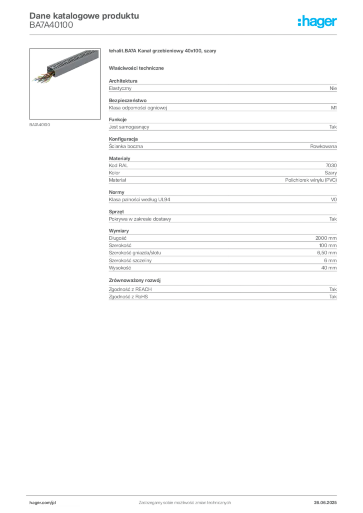 Zdjęcie Hager Karta katalogowa BA7A40100 | Hager Polska