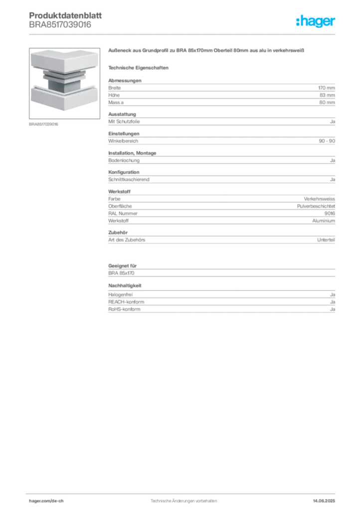 Bild Hager Produktdatenblatt BRA8517039016 | Hager Schweiz