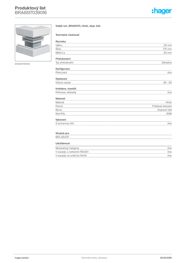 Obrázek Hager Produktový list BRA8517039016 | Hager