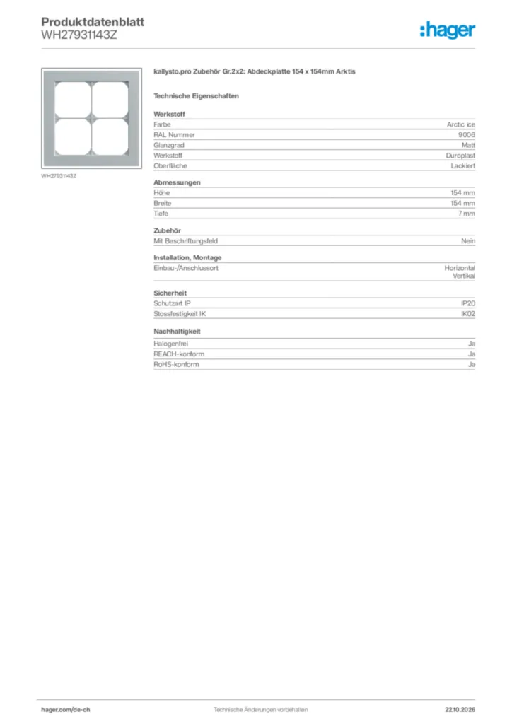 Bild Hager Produktdatenblatt WH27931143Z | Hager Schweiz