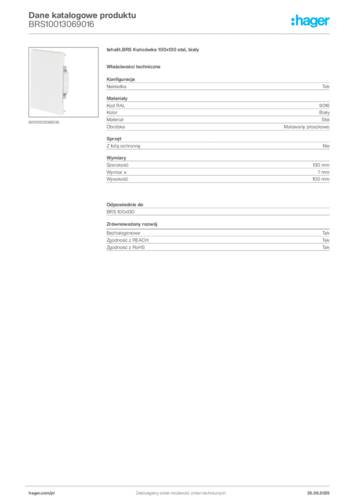 Zdjęcie Hager Karta katalogowa BRS10013069016 | Hager Polska