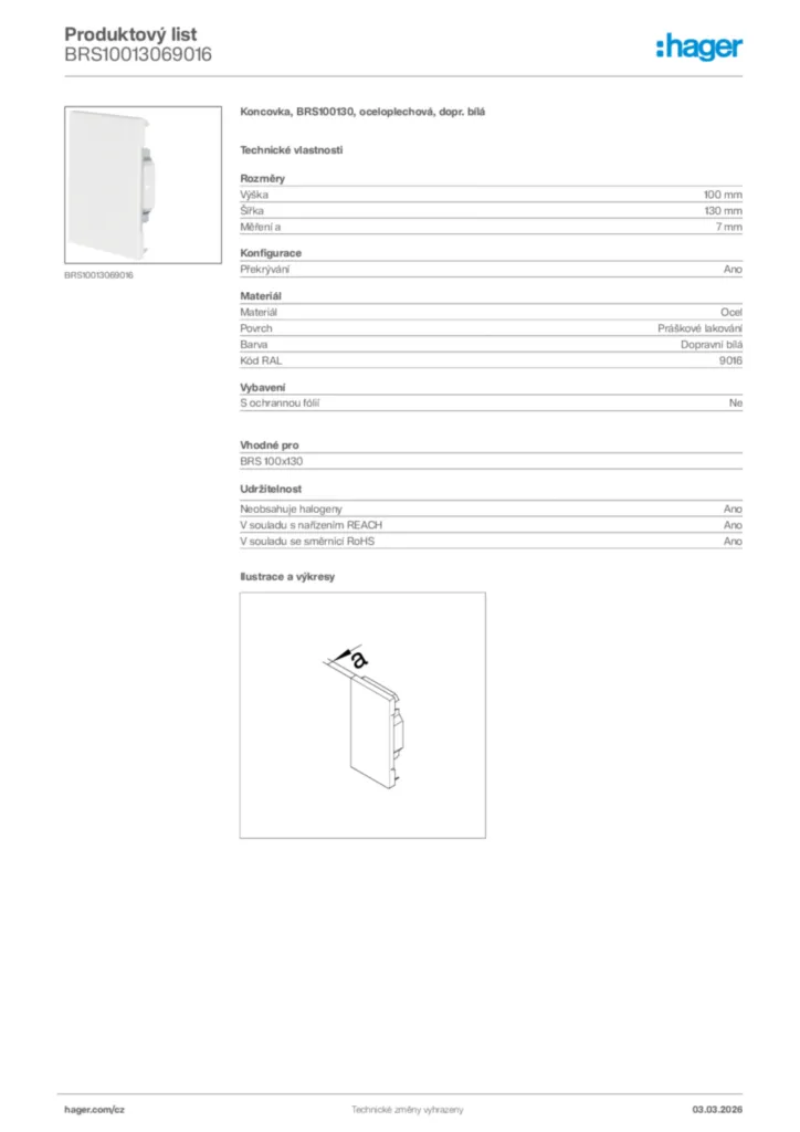 Obrázek Hager Product data sheet BRS10013069016 | Hager