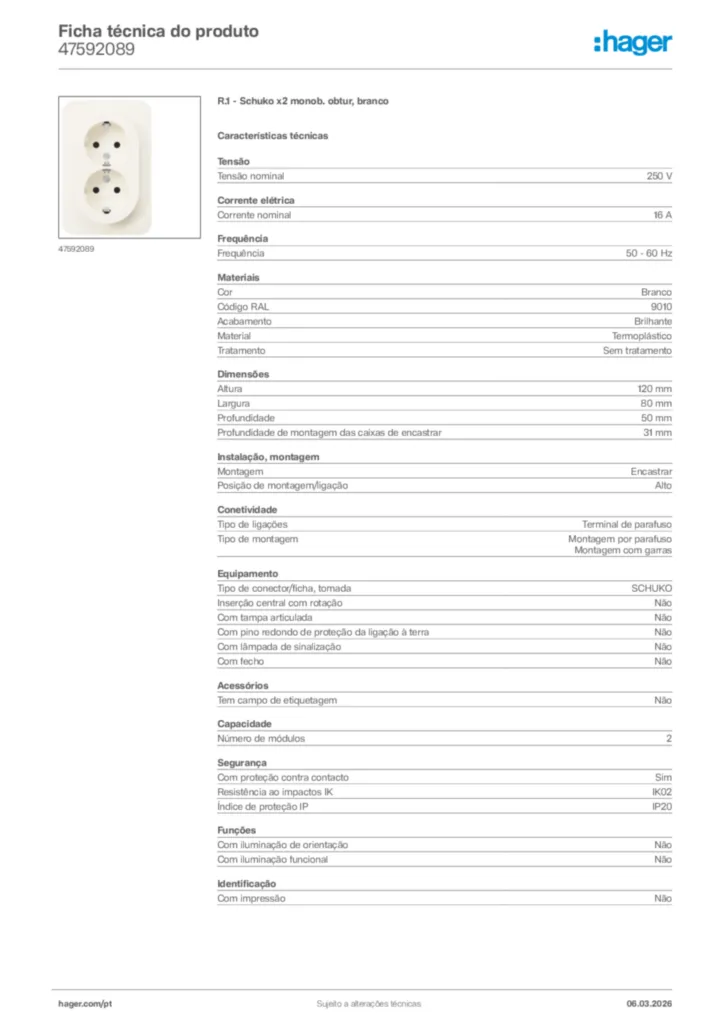 Imagem Hager Ficha técnica do produto 47592089 | Hager Portugal