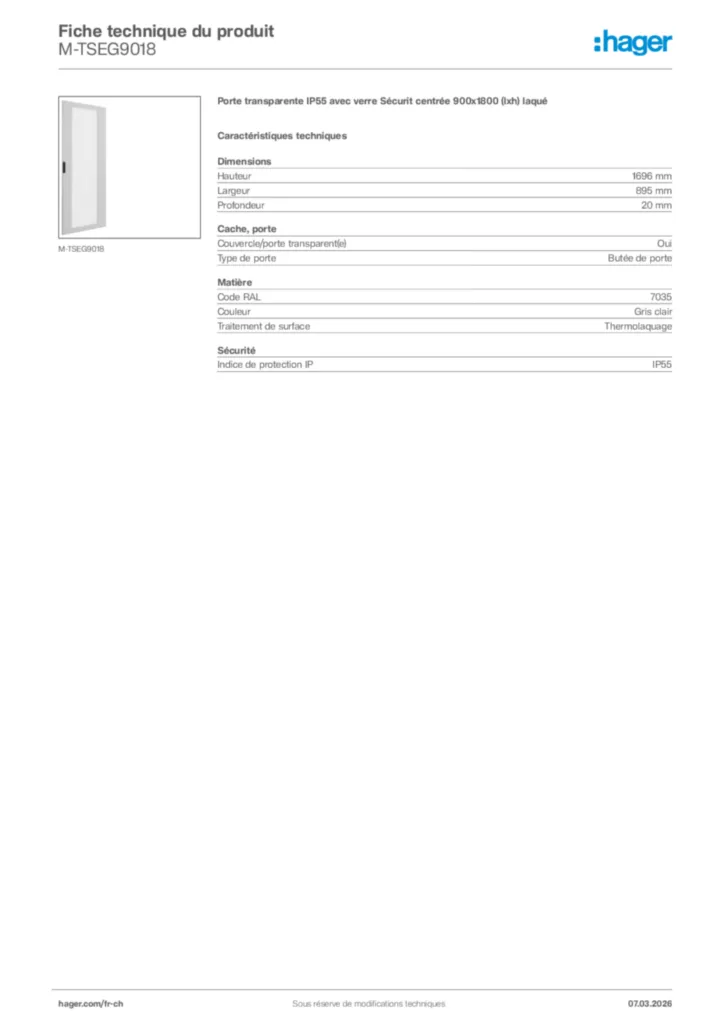Image Hager Fiche technique du produit M-TSEG9018 | Hager Suisse
