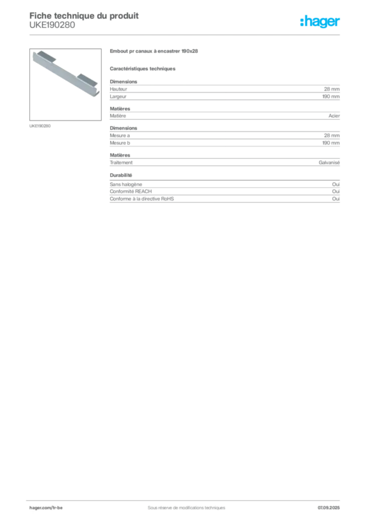 Image Hager Fiche technique du produit UKE190280 | Hager Belgique