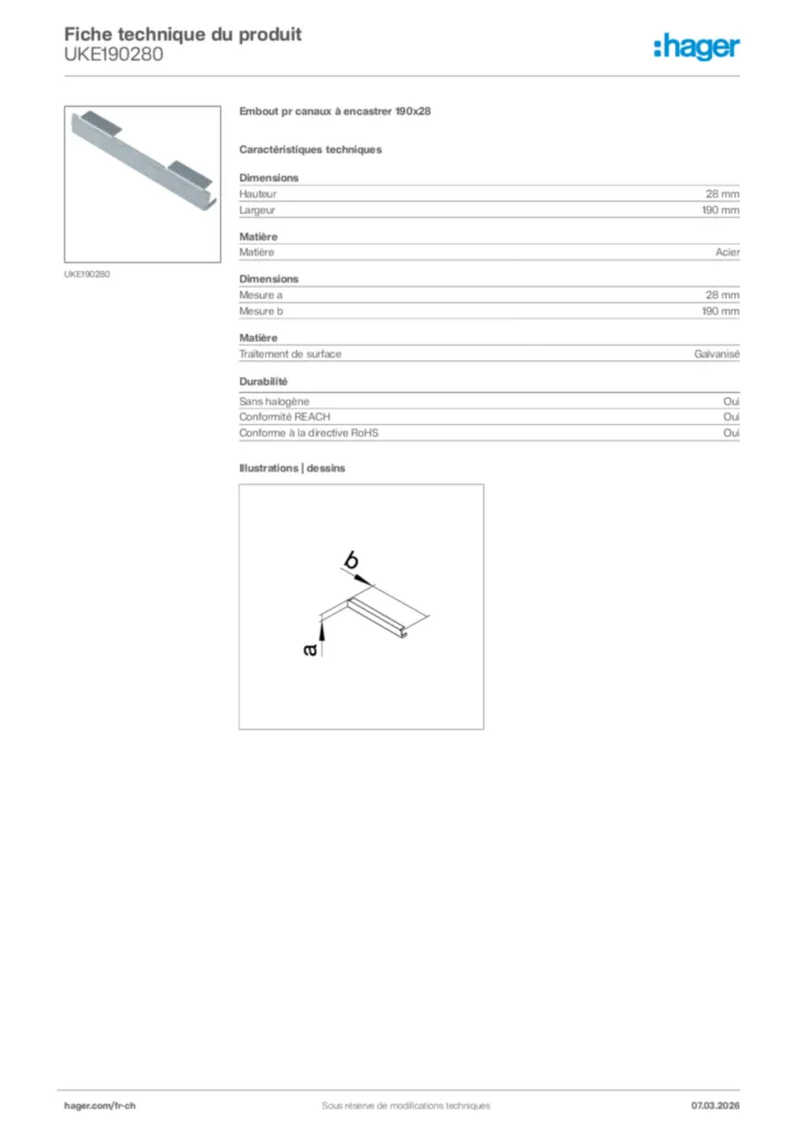 Image Hager Fiche technique du produit UKE190280 | Hager Suisse