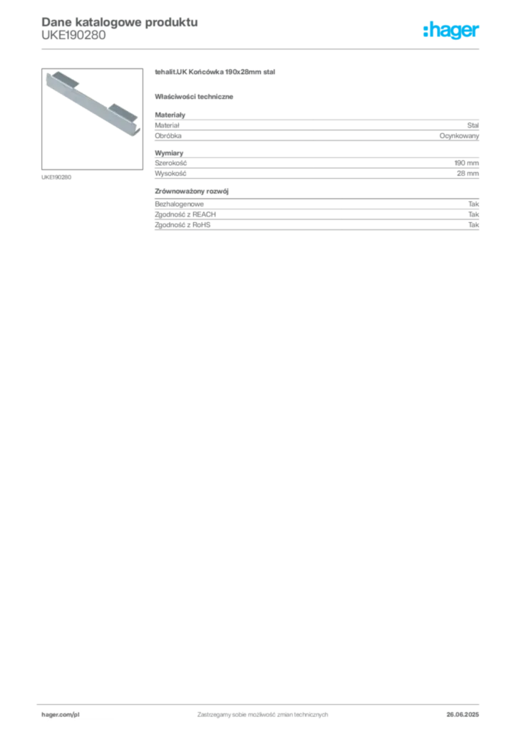 Zdjęcie Hager Karta katalogowa UKE190280 | Hager Polska