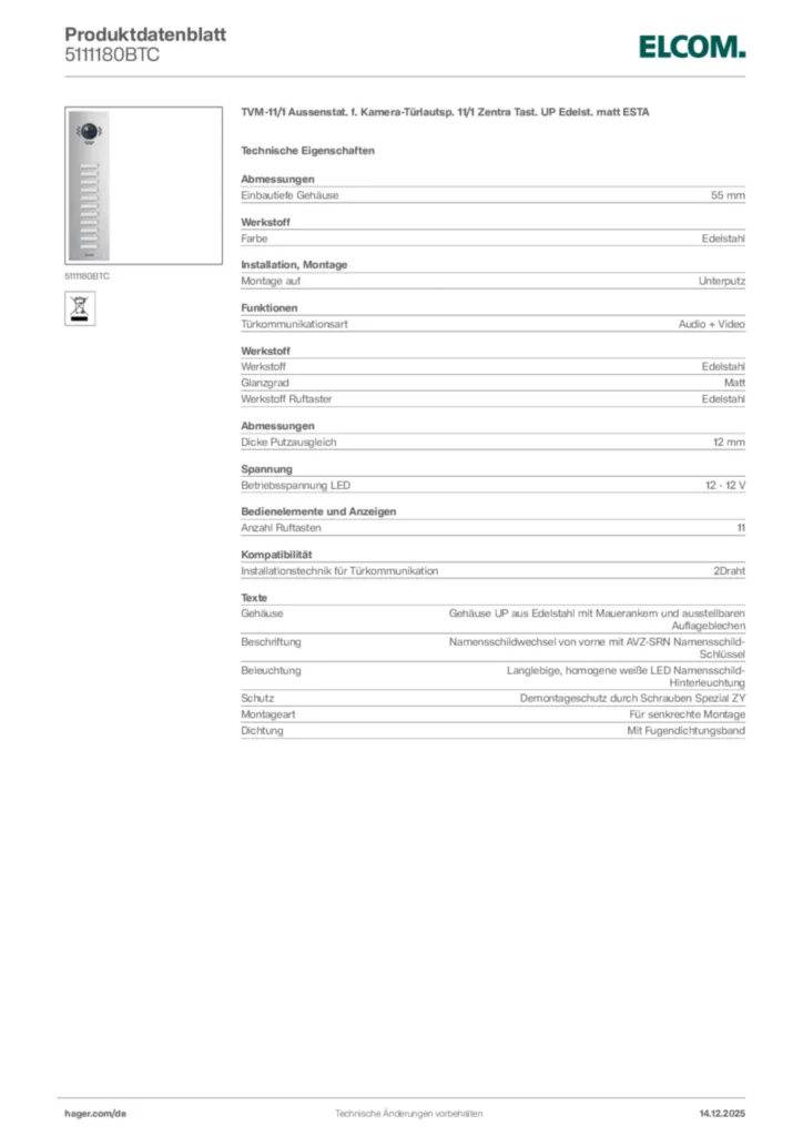 Bild Elcom Produktdatenblatt 5111180BTC | Hager Deutschland