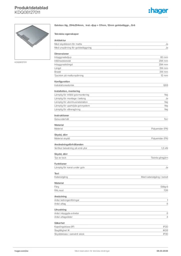 Bild Hager Produktdatablad KDQ08127011 | Hager Sverige