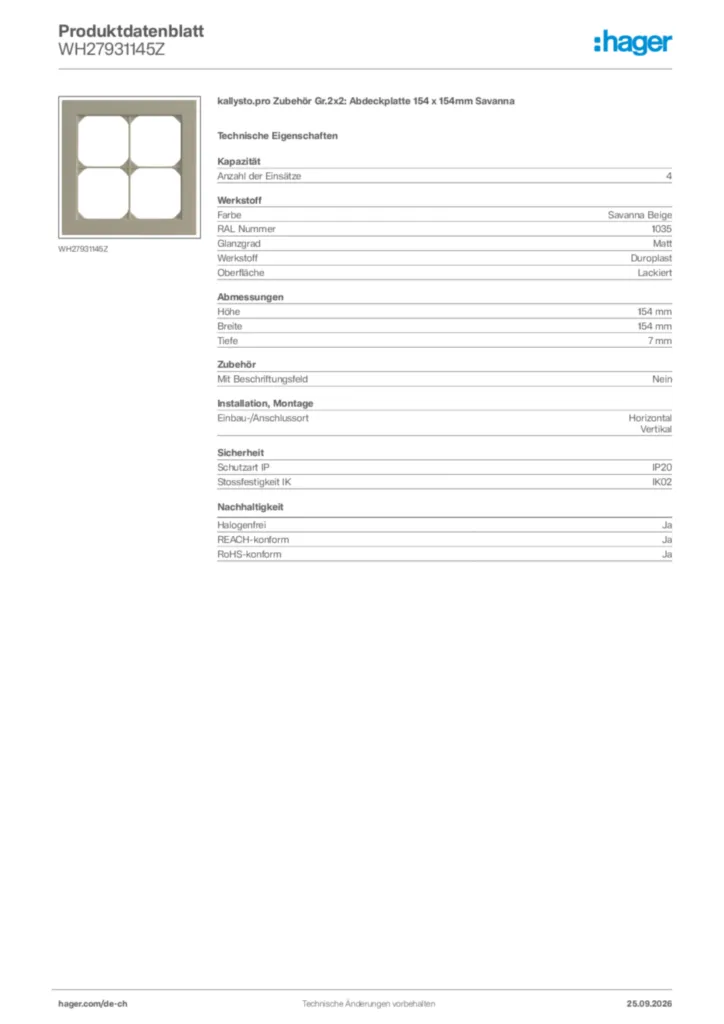 Bild Hager Produktdatenblatt WH27931145Z | Hager Schweiz