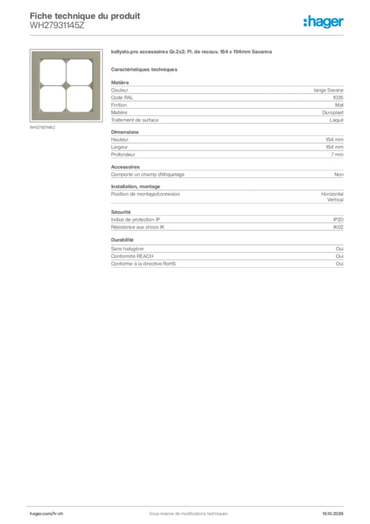 Image Hager Fiche technique du produit WH27931145Z | Hager Suisse