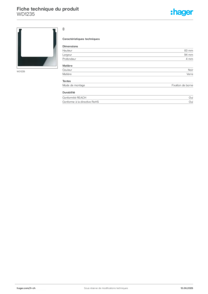Image Hager Fiche technique du produit WD1235 | Hager Suisse