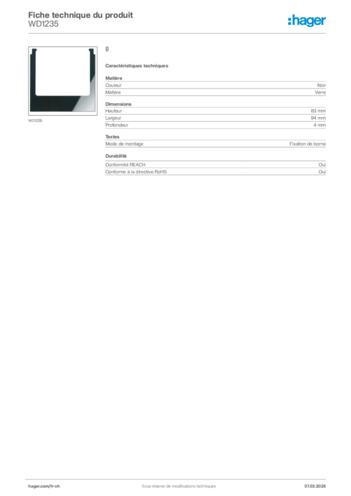 Image Hager Fiche technique du produit WD1235 | Hager Suisse