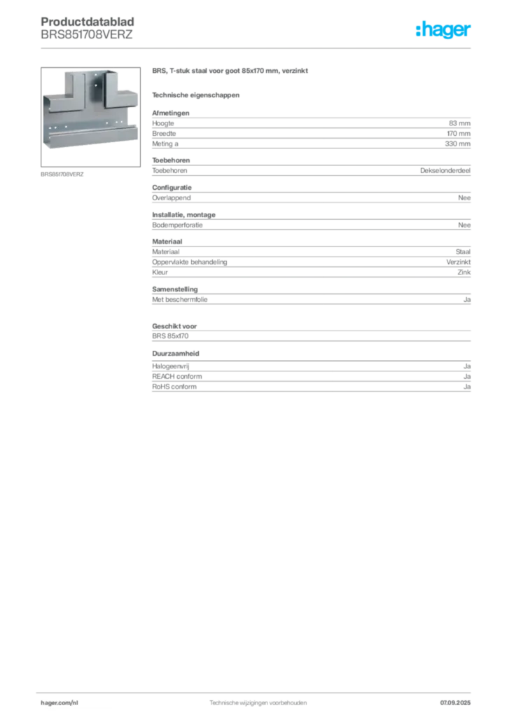 Afbeelding Hager Productdatablad BRS851708VERZ | Hager Nederland