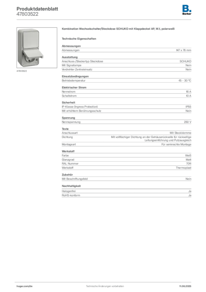 Bild Berker Produktdatenblatt 47803522 | Hager Deutschland