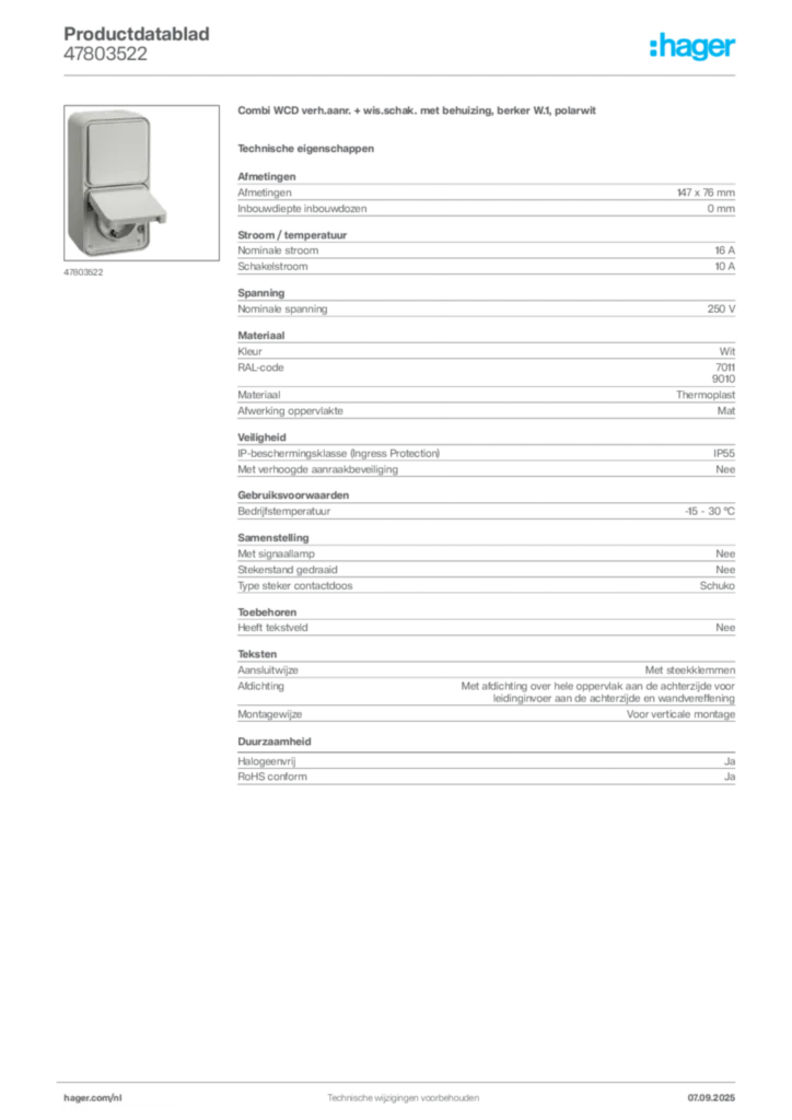 Afbeelding Hager Productdatablad 47803522 | Hager Nederland